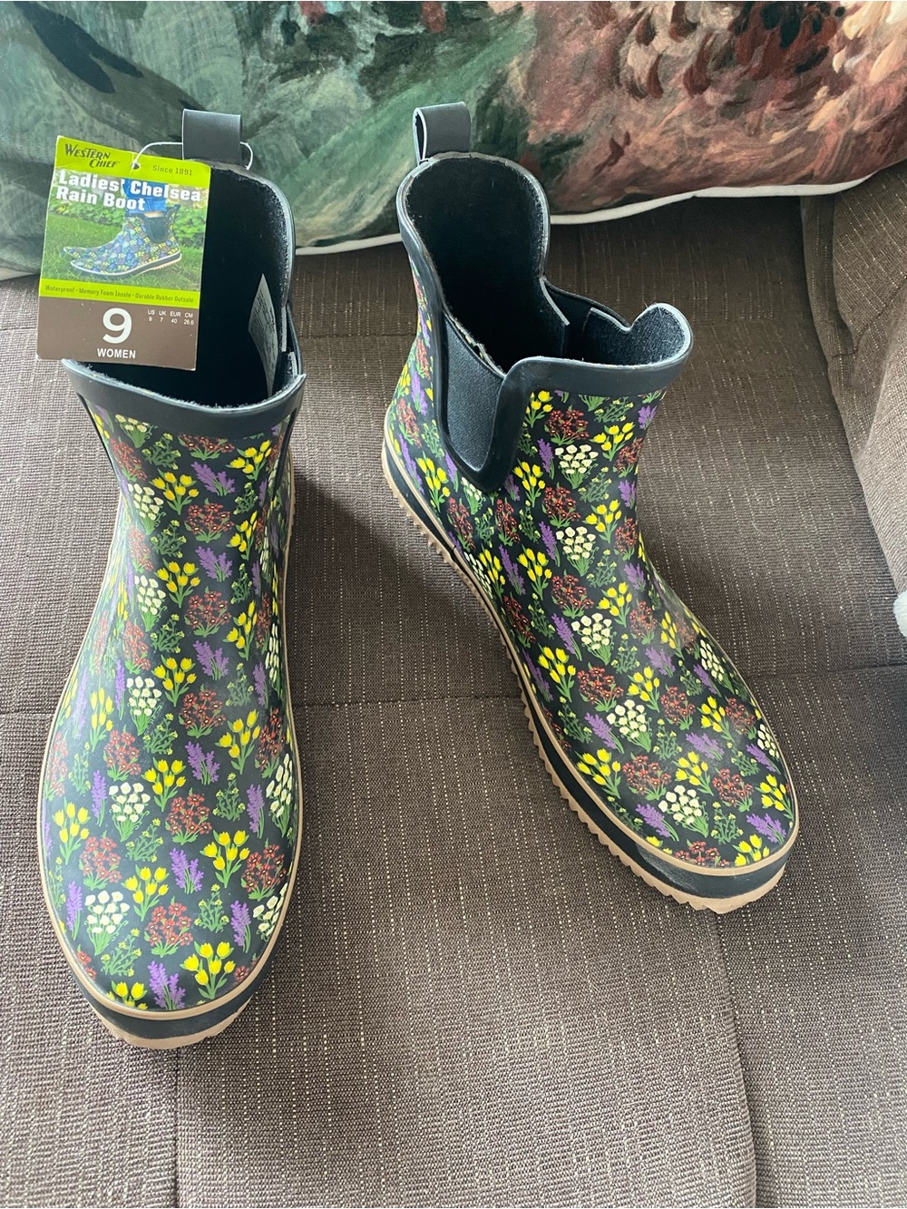 Western Chief Floral Chelsea Rain Boots in Black with Yellow, Purple & Green 9